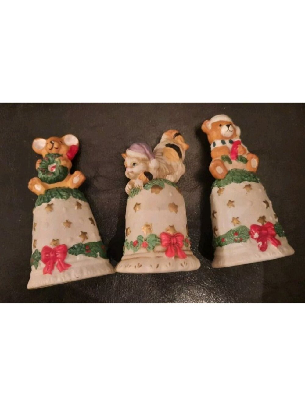 Lot Of 3 Vtg Laege Holiday Bell Porcelain Bells Bears And Cat  Excelent